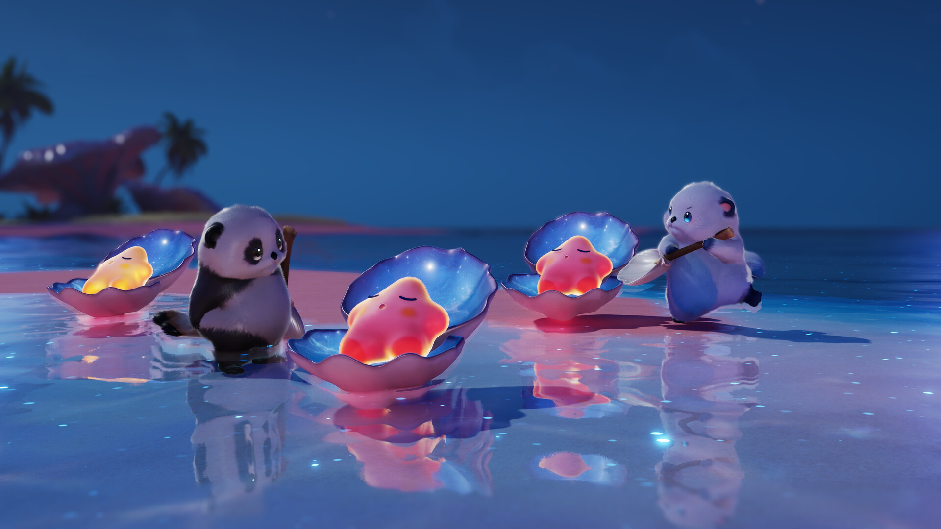 Aniimo creatures at the water's edge, representing starter choices